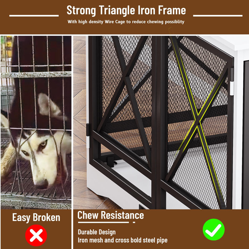 48 Inch Heavy Duty Wooden Dog Crate Furniture for XLarge Dogs - Double-Door Kennel with Modern End Table Design, White