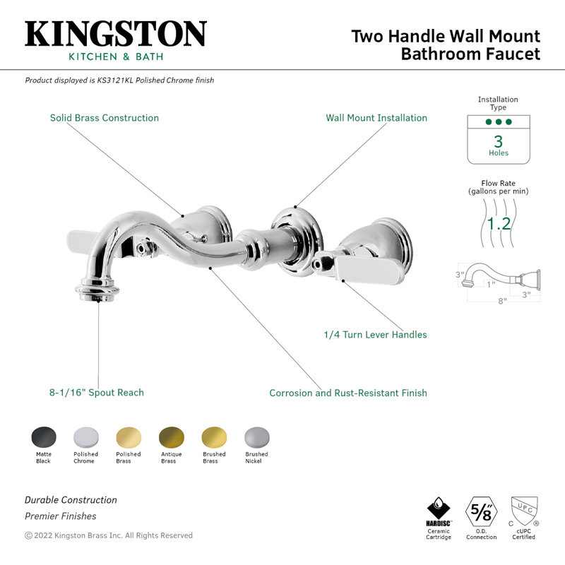 Kingston Brass Whitaker Two-Handle 3-Hole Wall Mount Bathroom Faucet, Matte Black