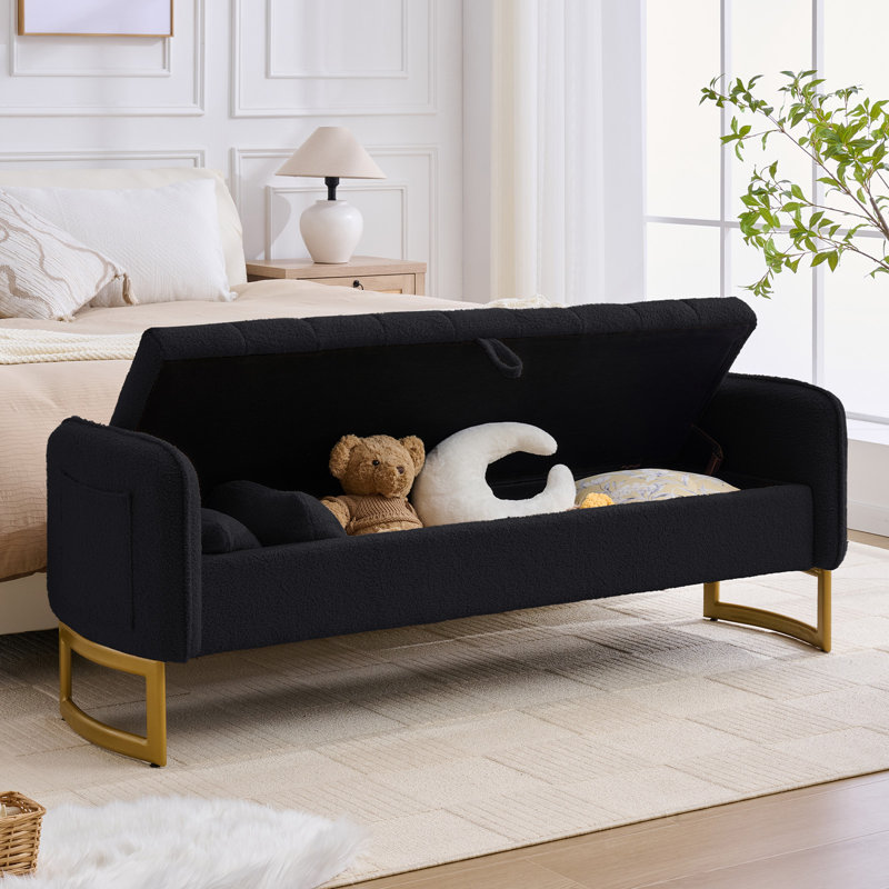 66"W Upholstered Teddy Storage Bench for Bedroom End of Bed King Size with Gold Legs and 2 Pillows,2 Side Pocket, Black Teddy
