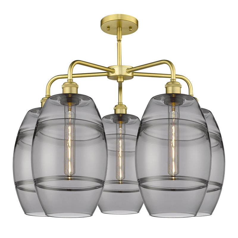 Lustre rond / ovale à abat-jour 5 lumières, Gris fumée clair, H 15,38 po x l 26 po x P 26 po, Or satiné