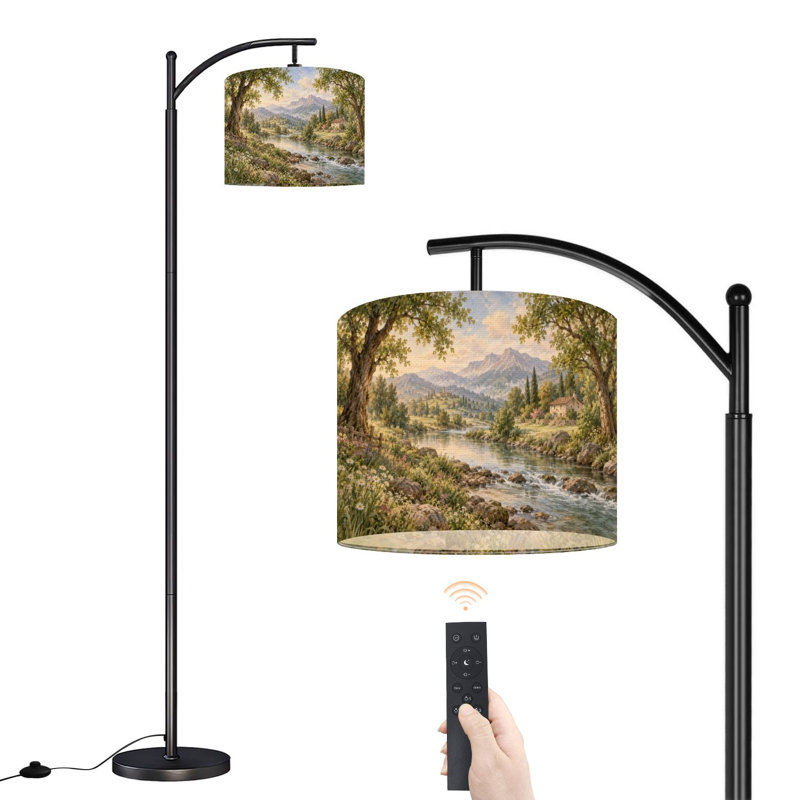 Lampadaire arqué avec abat-jour réglable, style champêtre vintage, 3 températures de couleur, intensité variable, avec interrupteur au pied, idéal pour la chambre.