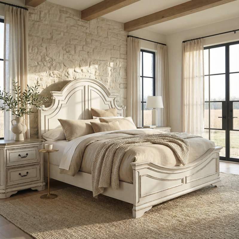 Colchester King Panel Bed & Two Nightstands Bedroom Set, Antique White, King