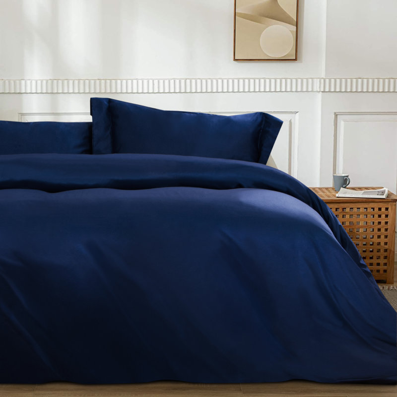 3 Pieces Duvet Cover Set, Satin Comforter Cover Set with Hidden Zipper Design - NTBAY, King Duvet Cover + 2 Shams, Navy Blue