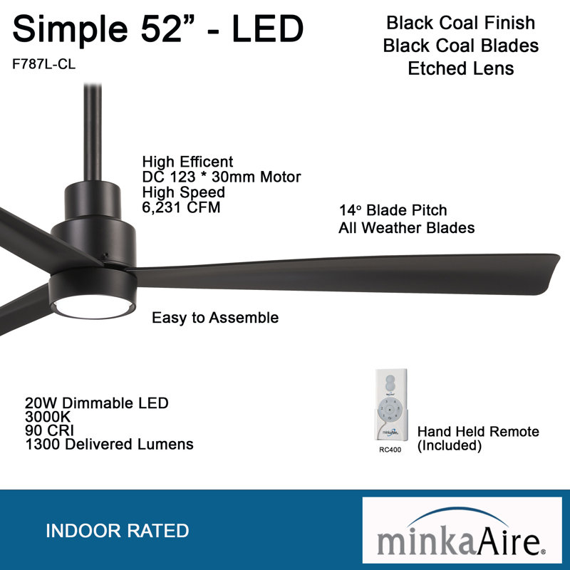 Ventilateur de plafond intérieur / extérieur simple 52 po à DEL, Noir, Noir