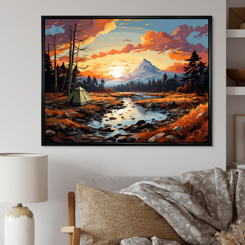«Camping by the River», impression sur toile, Cadre flottant noir, 34" H x 44" W