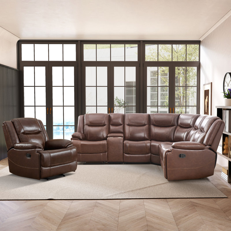 Cahill 2-Piece Premium Genuine Leather Reclining Living Room Set With Manual Sectional And 37.4" Recliner With Storage Console, And Cup Holders