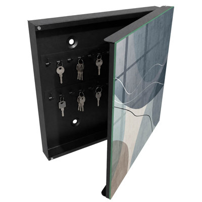 Decorative key box for wall, Opens to the right, 30x30x5, Black, Abstraction in shades of blue and gray, 