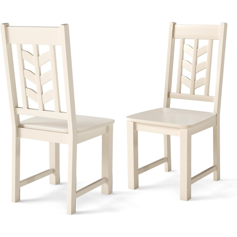 Dining Chair Set Of 2 With Rubber Wood Frame & Leaf-shape High Back For Kitchen, Cream White, 2