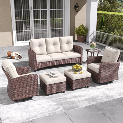Lark Manor 6 Pieces Patio Furniture Set with Swivel Chairs, Rattan Wicker Rocking Glide Chairs with Ottomans Conversation Set