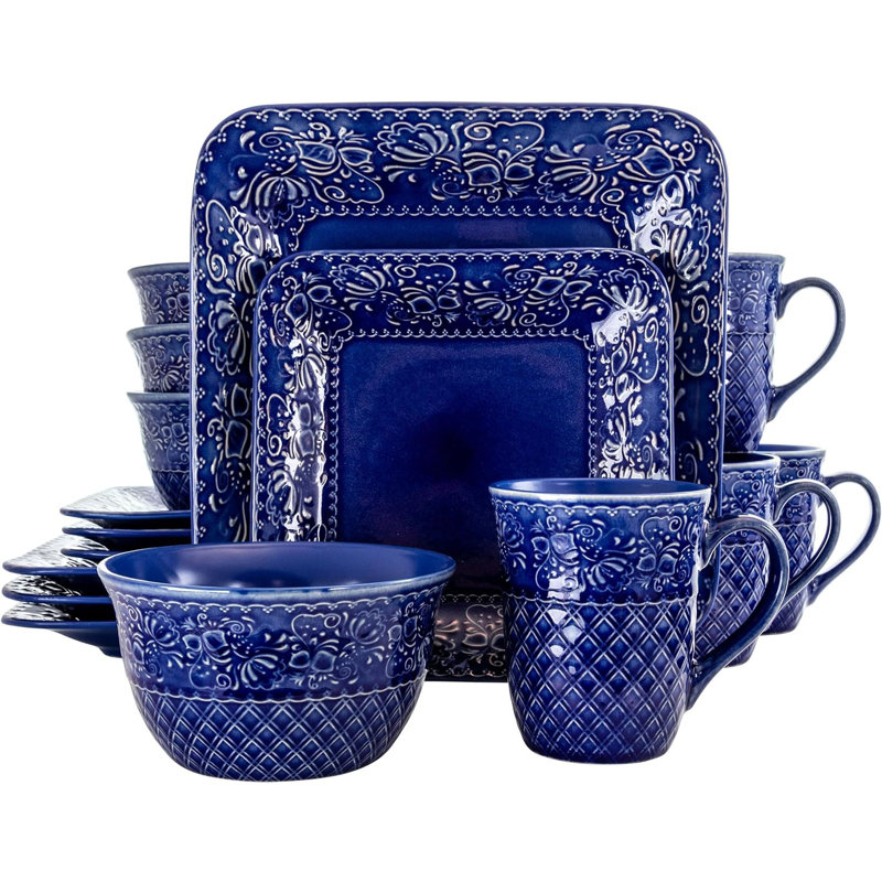 Indigo Lotus Floral Ceramic Square Dinnerware Set, Service for 4