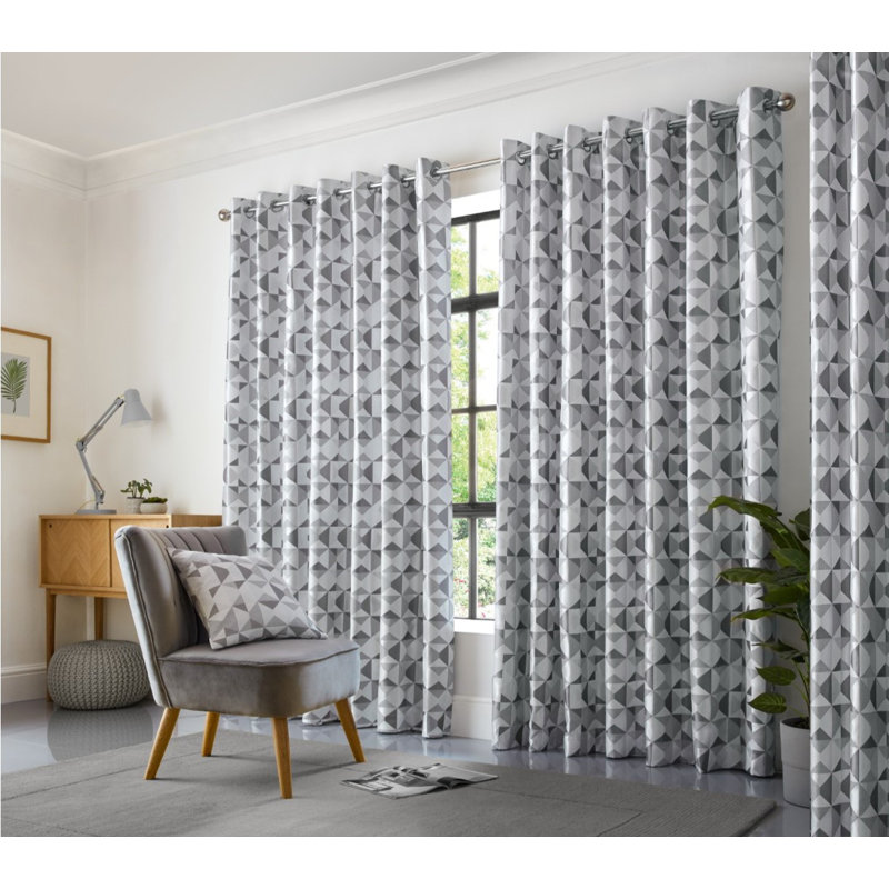 Stamper Semi Sheer Curtain Pair, 229 W x 274 D cm, Silver/Charcoal