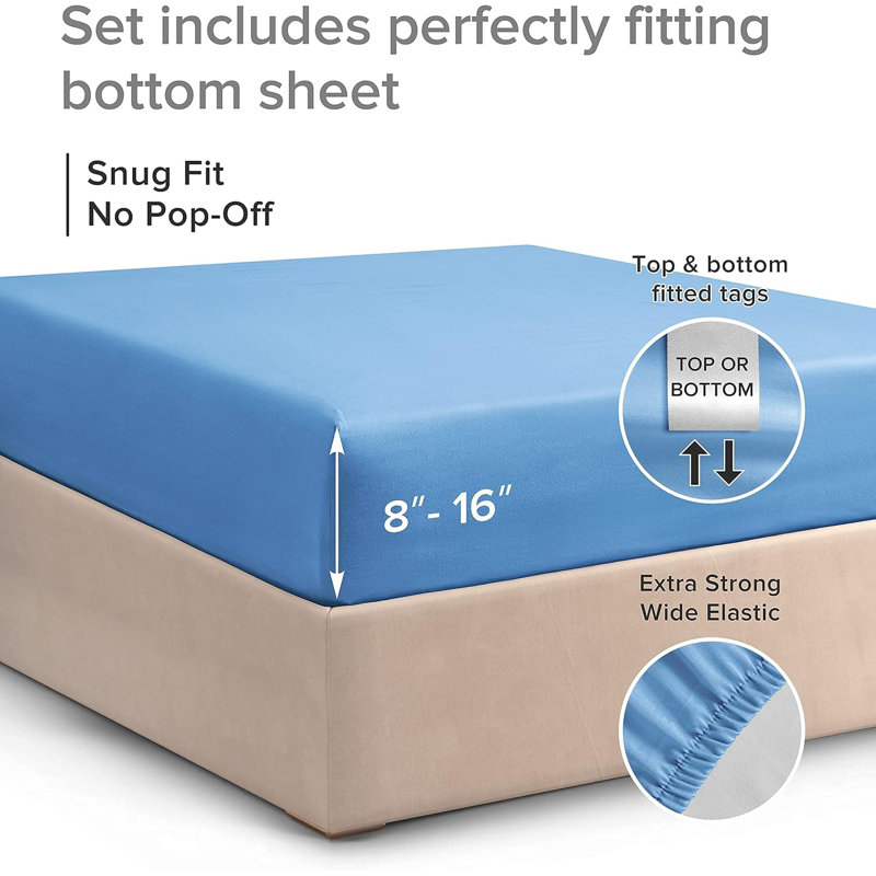Fitted Sheet Only, Soft Cooling Bed Sheet, Breathable Hotel Luxury Bedding, Deep Pocket 8–16 Inch Mattress Fit, Denim Blue
