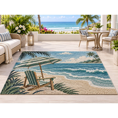 5' x 7' Outdoor Area Rug Beach Chair Ocean Shore Heavyweight Solid Waterproof PVC Coil Loop Carpet, Heavy Duty Patio Rug, Quick Dry Indoor Outdoor Mat for Entryway