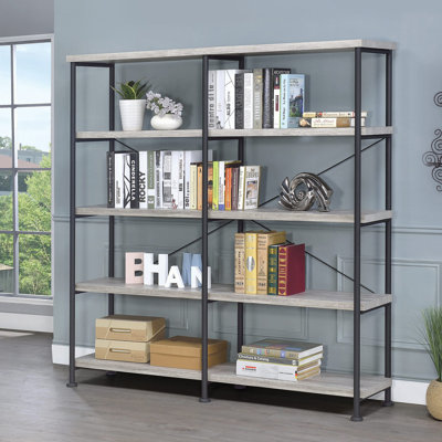 4-Shelf Open Bookcase In Grey Driftwood And Black