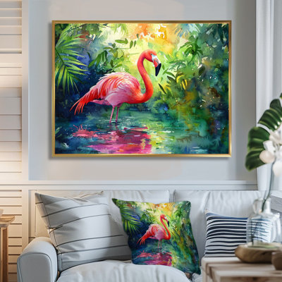 Flamant rose dans la lagune II - flamant rose, art mural