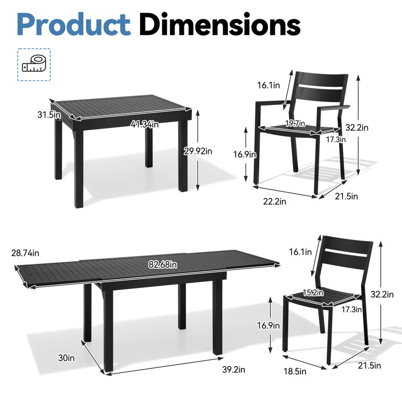 Ensemble repas d'extérieur rectangulaire en aluminium pour 6 personnes avec table extensible et chaises empilables Andelina