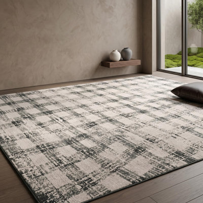 Tapis géométrique lavable 8 x 10 pi pour le salon - Tapis à motif quadrillé moderne, texture velours doux, envers TPR antidérapant, lavable à la machine, vert