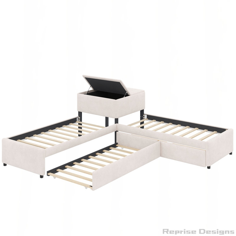 Lit plateforme en L avec bureau intégré, lit gigogne et tiroirs de rangement, Beige