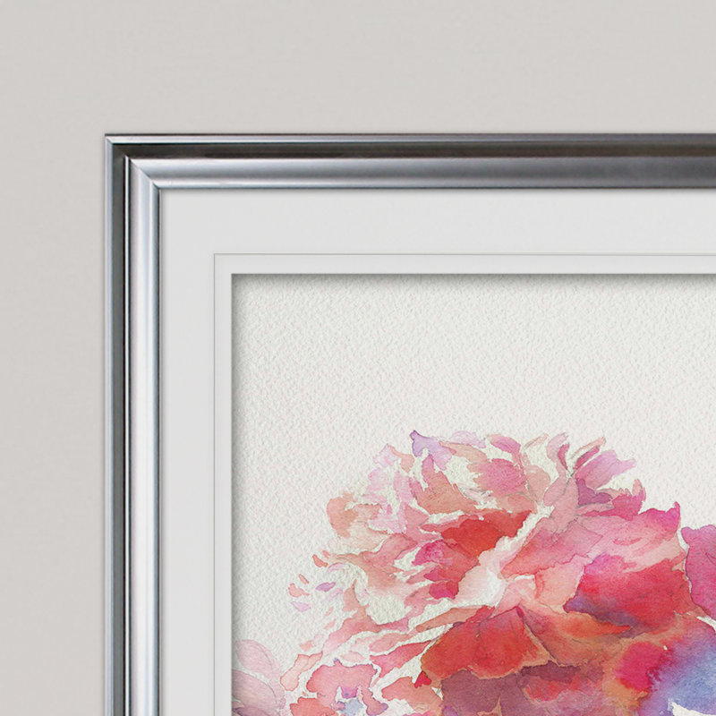«Prise de pivoines II», reproduction de peinture à l'huile, H 28 po x l 38 po x P 1,5 po, Cadre argenté