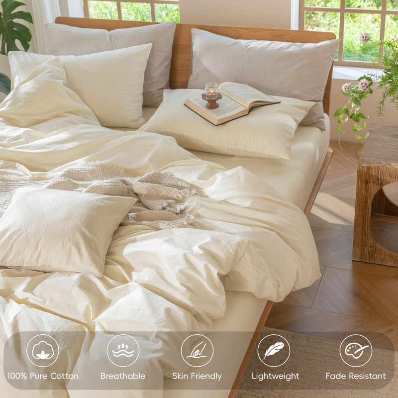 MooMee Lightweight Duvet Cover Set with Zipper Closure 8 Ties 100% Washed Cotton Linen Like Textured Soft Breathable All-Season