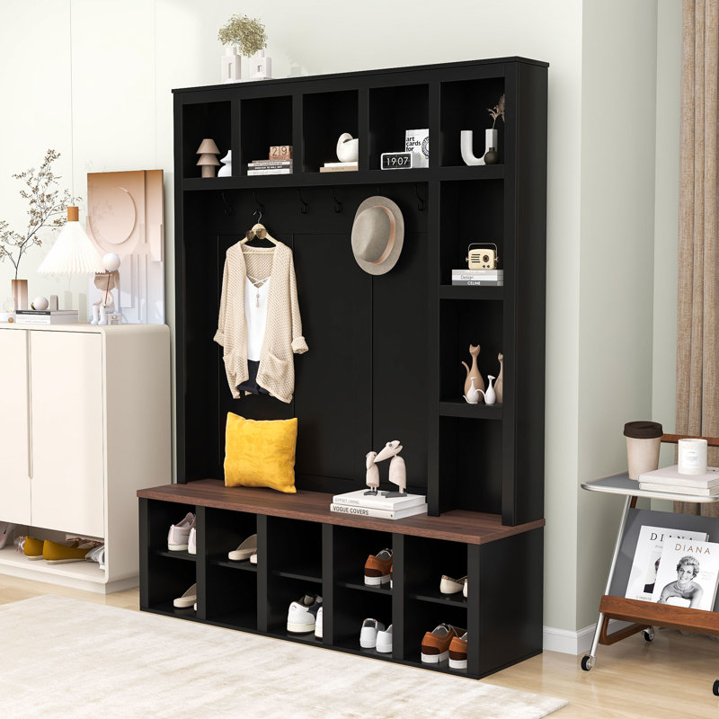 Arbre d'entrée moderne en bois avec banc, tablettes réglables, rangement pour chaussures et crochets pour le vestibule, Noir
