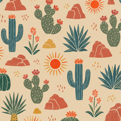 Papier peint adhésif repositionnable, motif de cactus coloré, plantes du désert, soleil et rochers. Décoration murale amovible et autocollante pour chambre, cuisine et placards. 61 cm x 300 cm.