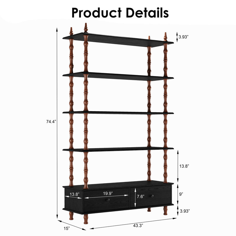 74.4" Modern Bookcase With 5 Open Shelves & 2 Drawers, Wood Standing Shelf For Living Room, Study, Black
