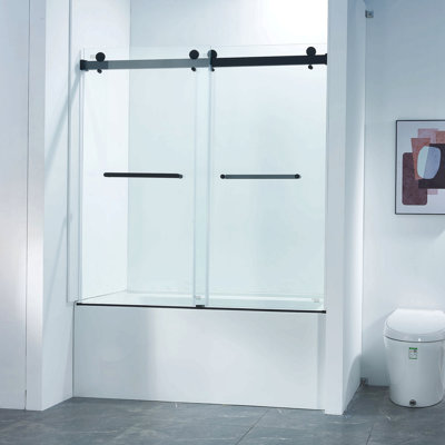 Porte de douche à double cuve coulissante sans cadre l 56 à 60 po x H 60 po, acier inoxydable 304 en noir mat, verre trempé clair Sgcc de 5/16 po (8 mm) d'épaisseur