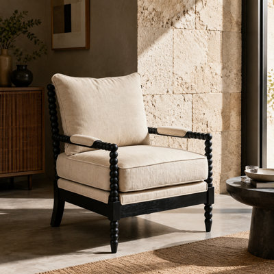 Fauteuil de détente rembourré en tissu avec structure en bois d'hévéa massif, coussin en mousse haute résilience, fauteuil d'appoint moderne pour salon et chambre