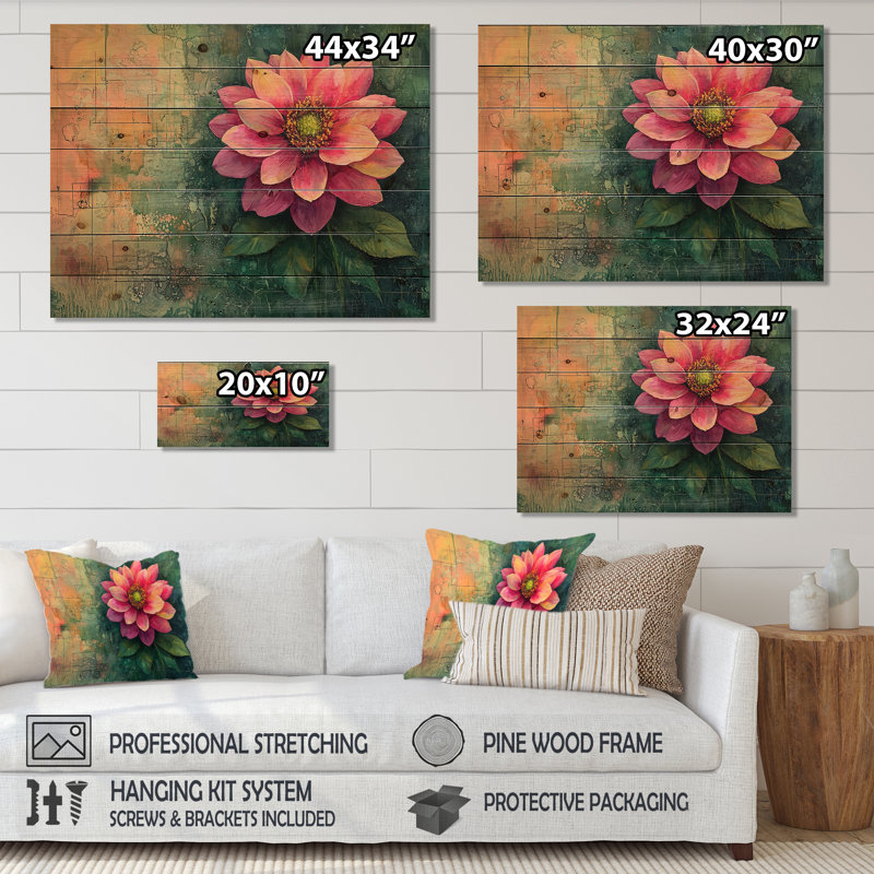 Vintage Symphonie de printemps Dalia I - décoration murale en bois de dahlia - sur bois de pin naturel