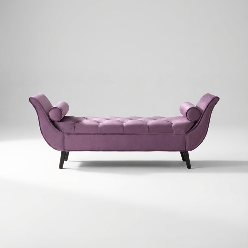Banc rembourré en velours capitonné avec coussins, repose-pieds courbé, Mauve