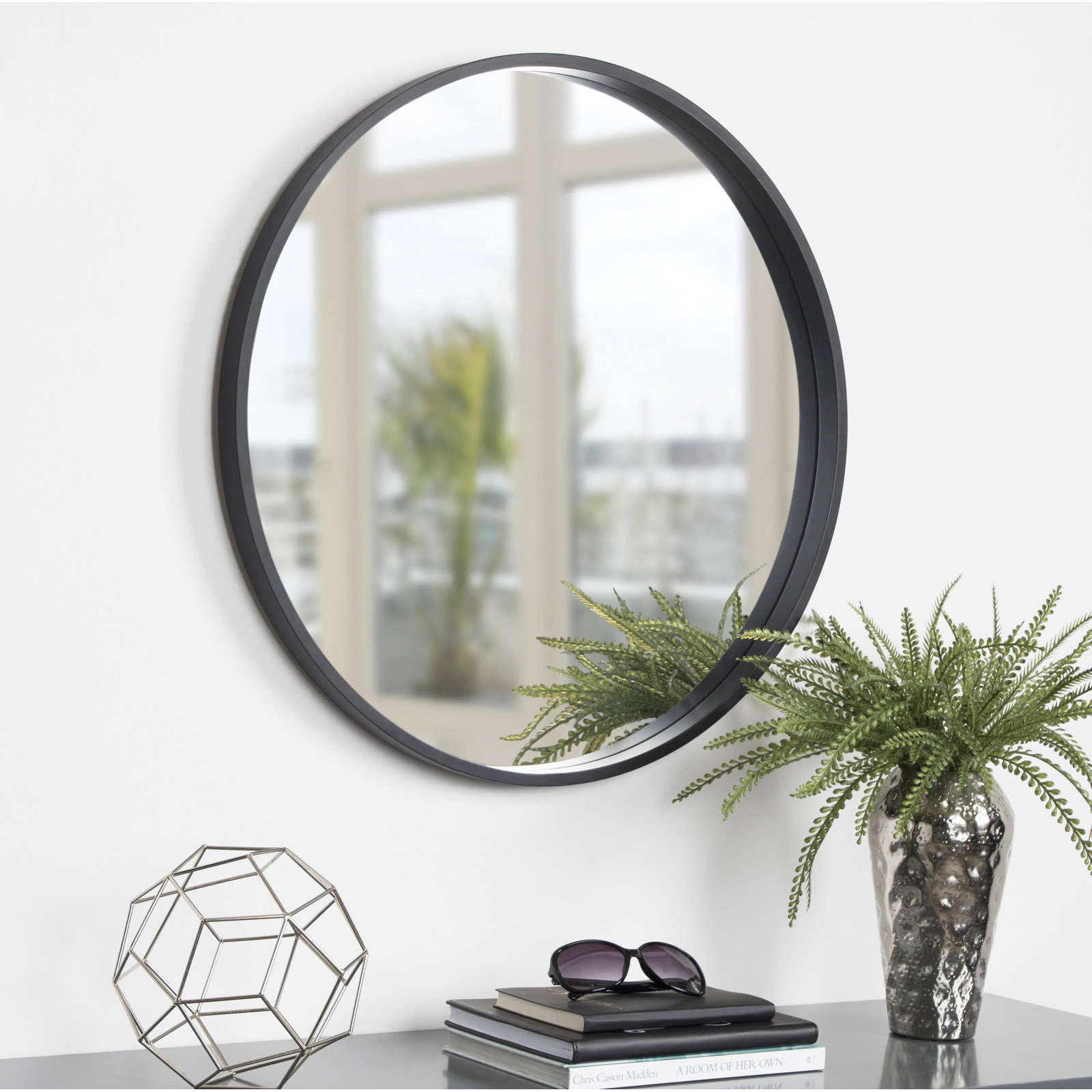 Arranjeet Modern Round Wall Mirror, 25.6" x 25.6", Black