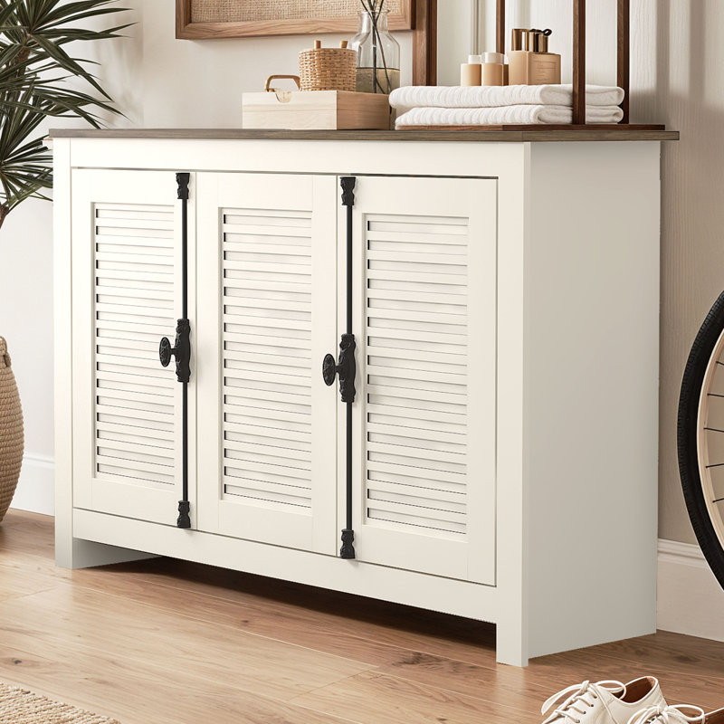 Malyha Farmhouse Louvered 3 Door Shoe Cabinet, Ivory/Knotty Oak