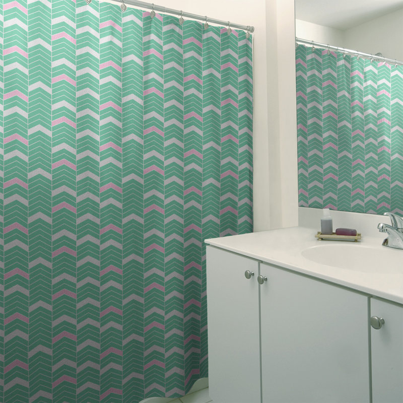 Rideau de douche simple à chevrons, Vert et rose