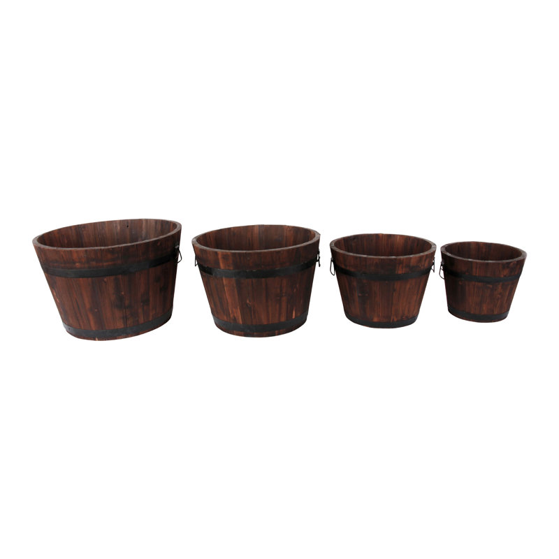 Rustic Brown Cypress Wood Barrel Planter Set of 4