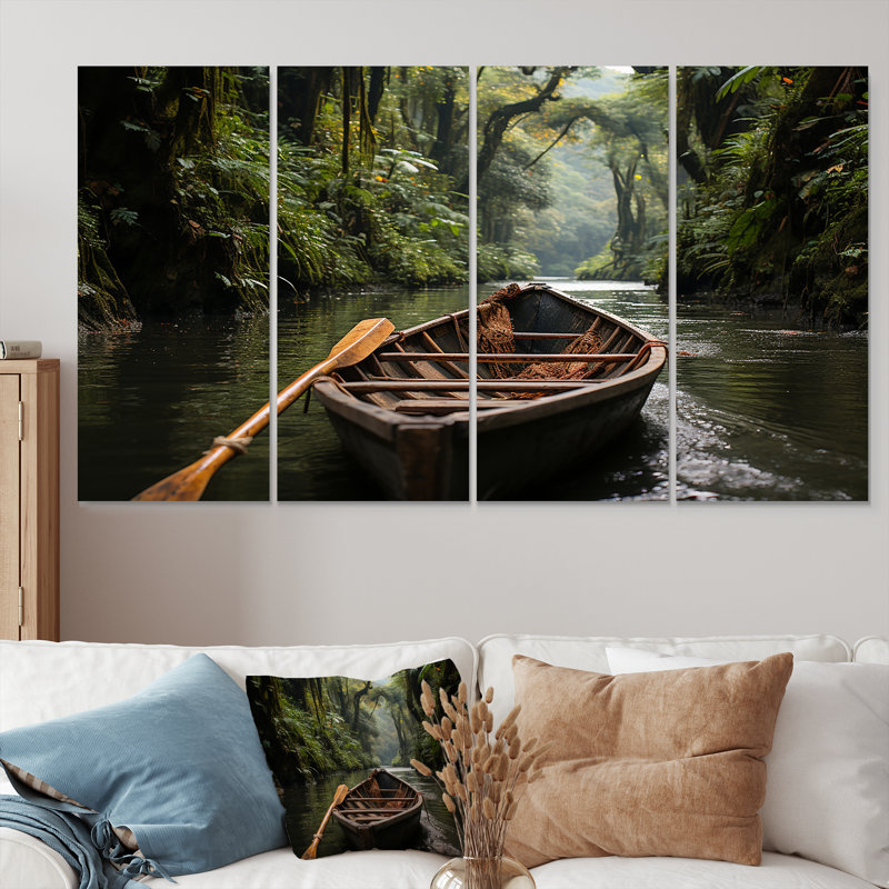 Dinghy In Amazon Jungle River - Ensemble de 4 décorations murales Jungle, H 28 po x l 48 po