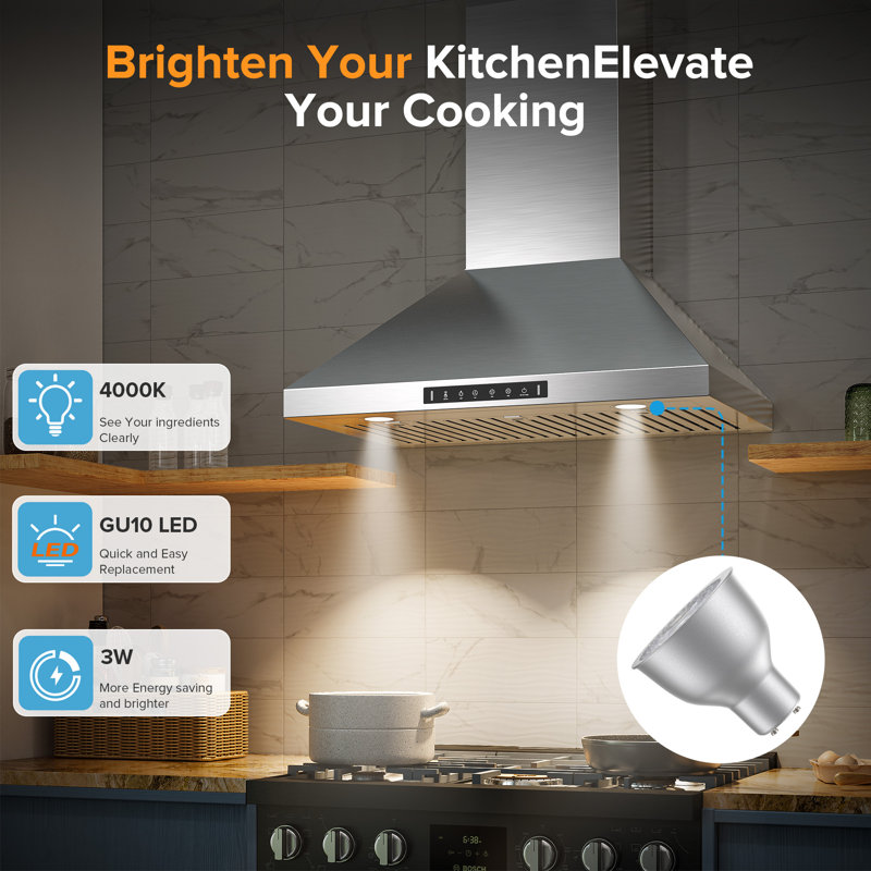 36'' Stainless Steel Convertible Wall Mount Range Hood with Charcoal Filter