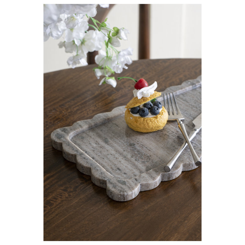 Scalloped Natural Gray Marble Serving Tray, 14x8 Inch Rectangular Stone Platter
