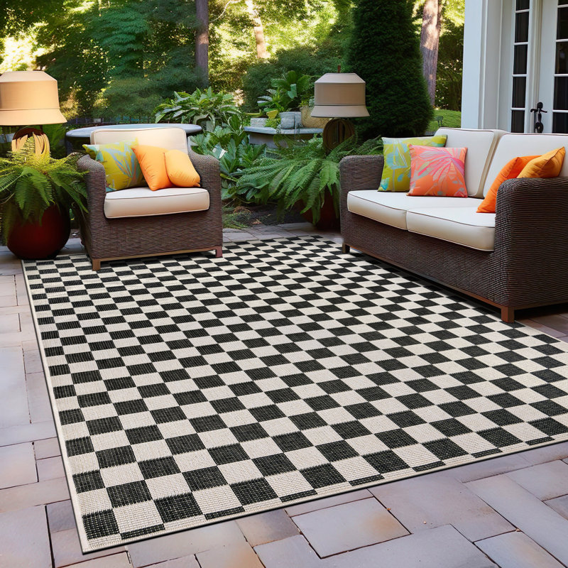 Contemporary Checkered Weather Resistant Reversible Indoor/Outdoor Area Rug, Rectangle 5' x 7'
