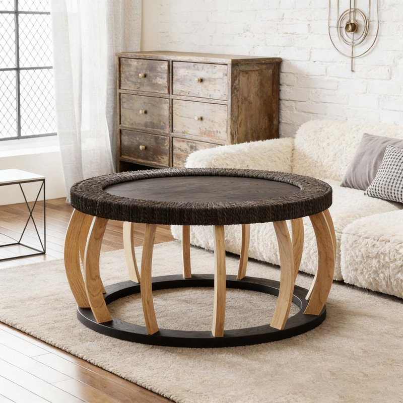 35.43"Vintage Rattan Solid Wood Round Coffee Table, Black Brown 1