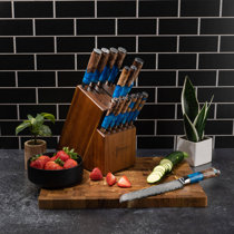  SENKEN 16-Piece Natural Acacia Wood Kitchen Knife Block Set -  Japanese Chef's Knife Set with Laser Damascus Pattern, Includes Steak Knives,  Kitchen Shears, Santoku, Cleaver & More (Red Resin Handles): Home