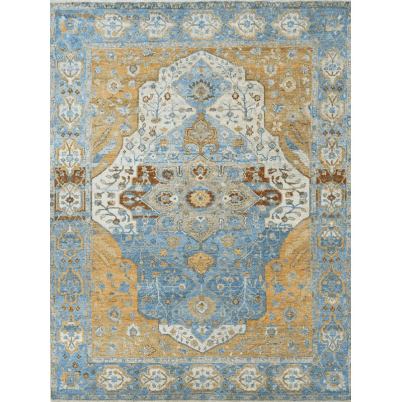 Tapis décoratif à motif traditionnel beige et bleu à motif Barcelona, Rectangle 4 pi 7,12 po x 6 pi 6,74 po