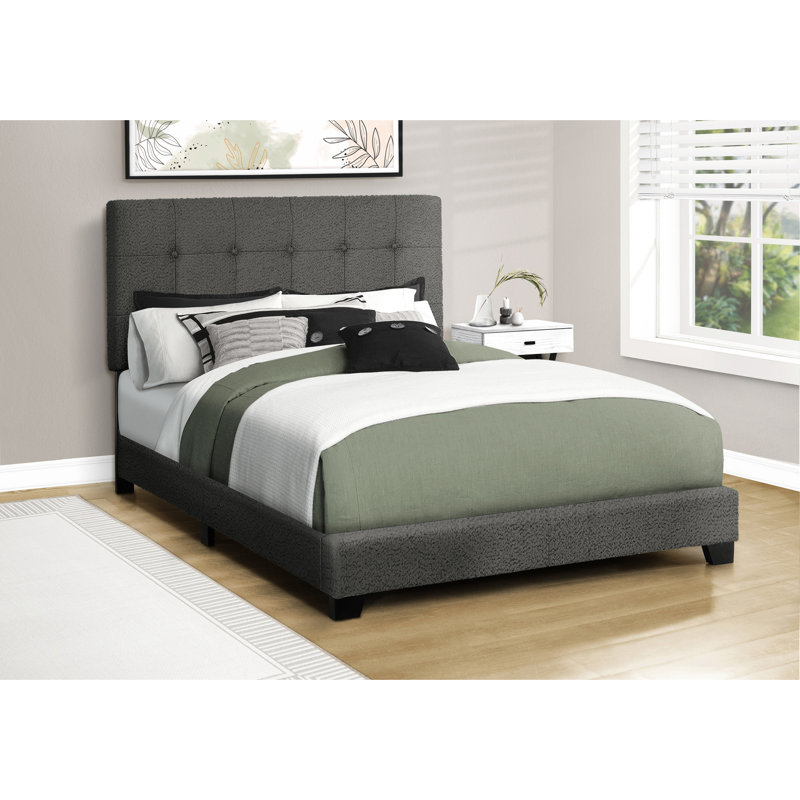 Dark Grey Boucle Upholstered Full Size Bed Frame For Transitional Bedroom, Solid Engineered Wood Structure, Button - Headboard With Comfort Padding And Low Profile