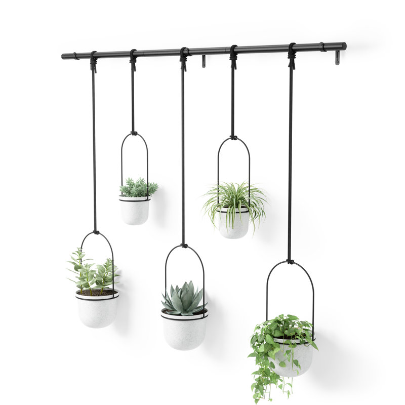 Triflora Hanging Planter, Adjustable Ropes with Rod – Set of 5, White/Black