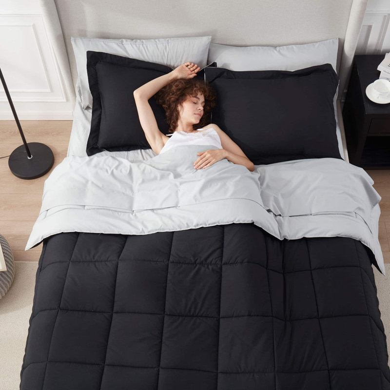 Bed-in-A-Bag Reversible Comforter Set with Bed Sheets, Black, Queen Comforter + 7 Additional Pieces