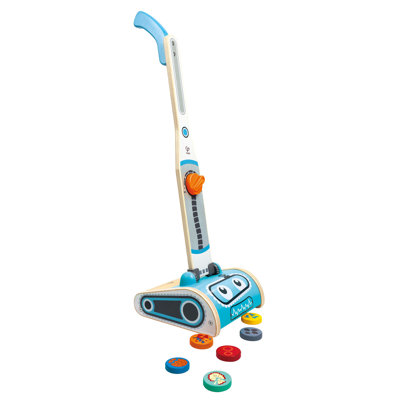 Hape: Ensemble de jeu de nettoyage pour aspirateur robot - jouet de nettoyage en bois bleu avec visage de robot, suce des disques colorés, jeux de société, enfants en bas âge et enfants de 2 ans et plus