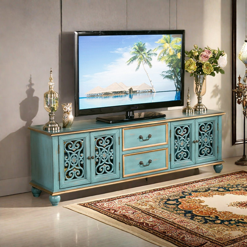 Meuble télé rétro, H 22,8 po x L 78,7 po x l 15,7 po, Or / Bleu