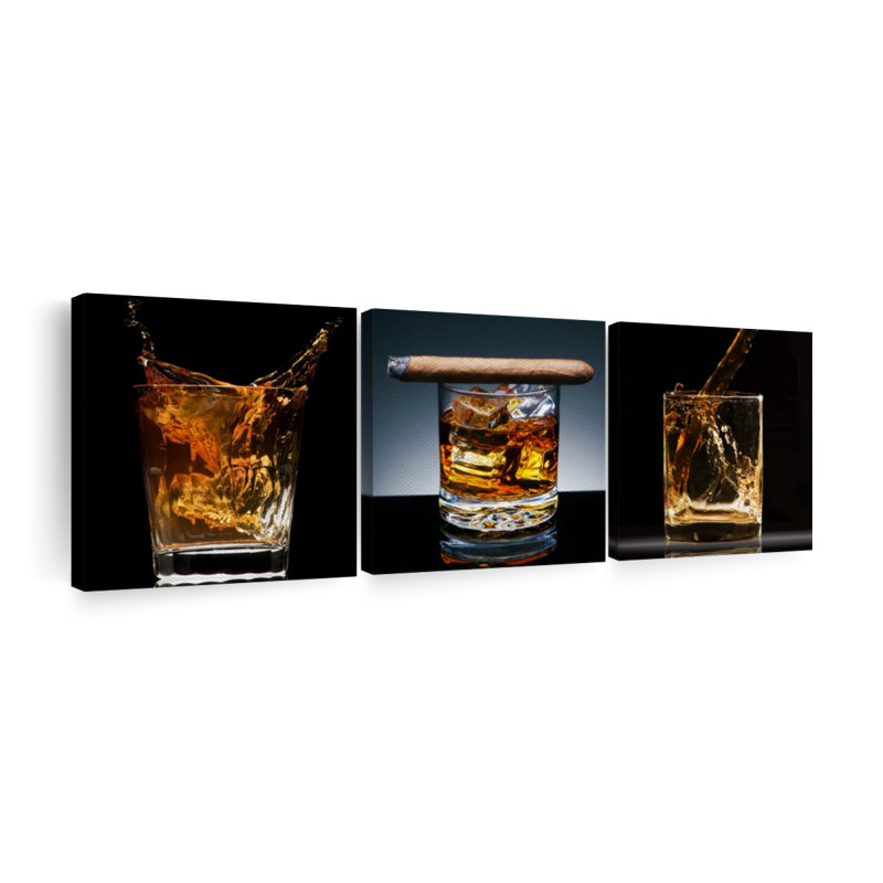 Bourbon whisky verre sur toile, ensemble de 3 pièces, H 30 po x l 92 po x P 1,25 po