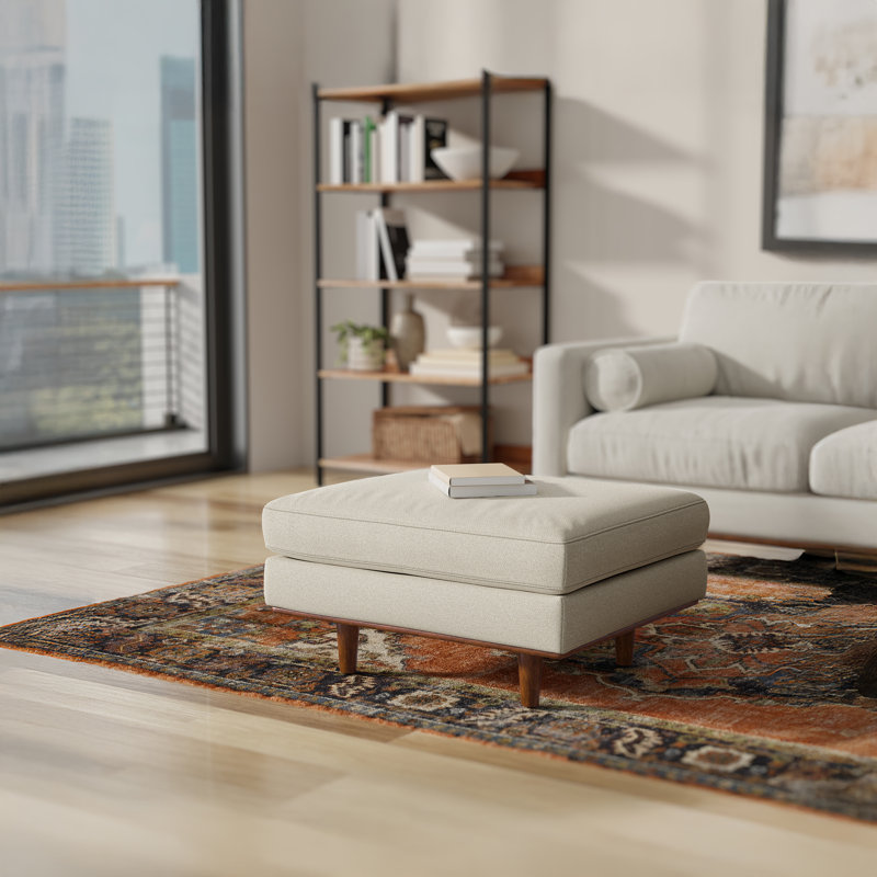 Morrison 33"W Upholstered Ottoman with Solid Wood Legs, Beige Polyester