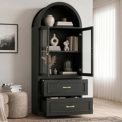 Armoire de rangement moderne et minimaliste à dessus arqué, avec portes en verre trempé et charnières à fermeture douce, pour une organisation polyvalente de la maison